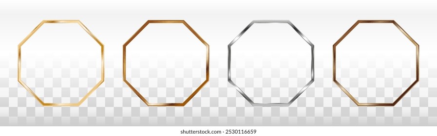 Achteckige Rahmen aus Silber, Gold, Kupfer und Bronze zum Malen oder Fotografieren. 3D-Vektorgrafik einzeln auf transparentem Hintergrund.