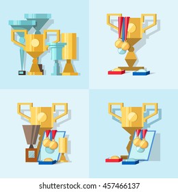 silver and gold cups award trophy and medals