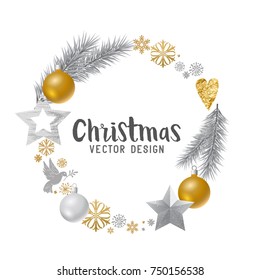 Silver and gold decorated Christmas Wreath. Vector illustration.