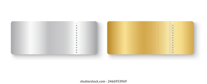 Leere Karten in Silber und Gold. Tombola, Gewinnlotterie, Coupon-Angebot, Jackpot-Lotto-Metallic-Oberfläche. Karten für den Eingang oder Sitzplätze im exklusiven Luxus-Stil. Vektorgrafik realistische Darstellung.
