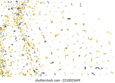 Silver gold falling confetti vector background. Party holiday striking decor. Anniversary confetti streamers. Award or gift decor elements. Premium gold silver tinsels.