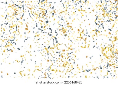 Silver gold falling confetti vector background. Party holiday striking decor. Christmas confetti streamers. Award or gift decor particles. Luxury golden silver tinsels.