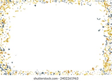 Fondo vectorial de confeti de oro plateado caída. Decoración de fiesta brillante. Los confeti del carnaval se retransmiten. Partículas de decoración de premios o regalos. Botellas de plata de oro premium.