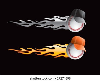 silver and gold flaming baseballs with hats