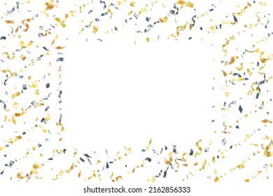 Fondo vectorial de confeti dorado plateado. Decoración llamativa de fiesta. Los confeti del carnaval se retransmiten. Elementos decorativos de premio o regalo. Botellas doradas de plata de lujo.