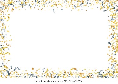 Silver gold flying confetti vector background. Party blazing striking decor. New year 2023 confetti streamers. Award or gift decor elements. Premium gold silver tinsels.