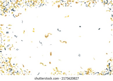 Silver Gold Flying Confetti Vector Background. Party Shiny Striking Decor. Anniversary Confetti Streamers. Award Or Gift Decor Particles. Luxury Gold Silver Tinsels.