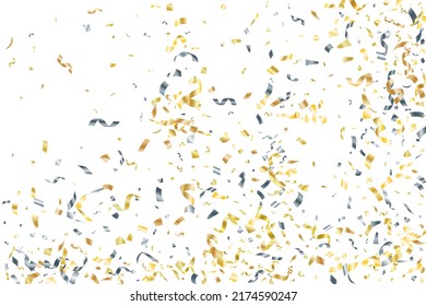 Silver Gold Flying Confetti Vector Background. Party Holiday Striking Decor. New Year 2023 Confetti Streamers. Award Or Gift Decor Particles. Premium Gold Silver Tinsels.