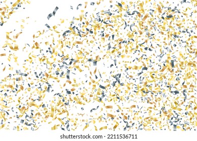 Silver gold flying confetti vector background. Party blazing striking decor. Birthday confetti streamers. Award or gift decor particles. Luxury gold silver tinsels.