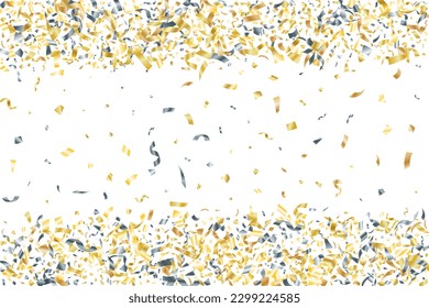 Silver gold flying confetti vector background. Party blazing striking decor. Christmas confetti streamers. Award or gift decor particles. Luxury golden silver tinsels.