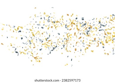 Silver gold flying confetti vector background. Party blazing striking decor. New year 2023 confetti streamers. Award or gift decor particles. Luxury golden silver tinsels.