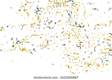Fondo de Vector de confeti volador de oro plateado. Fiesta de vacaciones de decoración llamativa. Navidades serpentinas de confeti. Partículas de decoración de premios o regalos. Borlas de oro y plata de lujo.