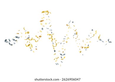 Silver gold flying confetti vector background. Party blazing striking decor. Anniversary confetti streamers. Award or gift decor elements. Premium gold silver tinsels.