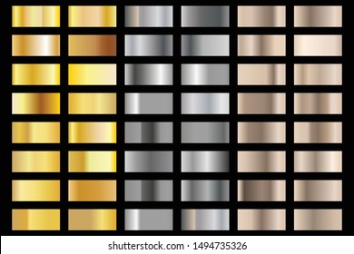 silver and gold foil texture gradation background set. Vector golden elegant, shiny and metalic gradient collection for chrome border, frame, ribbon, label design