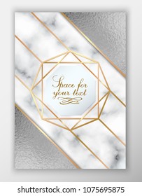 Silver and gold frame. Luxurious elite wedding card. Detailed texture of marble. Vector pattern background. Modern design template for invitations, brochures, postcards.