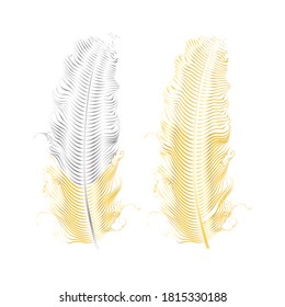plumas de brillo plateado y dorado.Elementos de estilo boho,plantilla de tatuaje.Hippie 
 elementos de diseño dorados en un fondo negro.Ilustración vectorial.