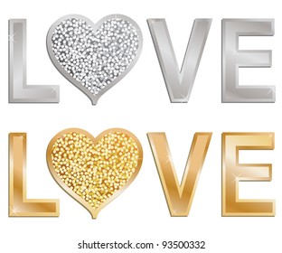 silver and gold glitter love signs, isolated on white