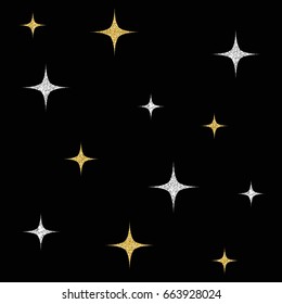silver and gold glitter star pattern on black background