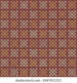 silver and gold hand drawn squares of crisscrossed stripes. maroon repetitive background. decorative art. vector seamless pattern. geometric fabric swatch. wrapping paper. textile design template