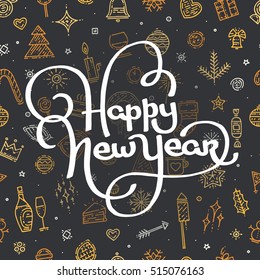 Silver gold lettering on black background with different icons. Happy New Year lettering for greeting card with new year elements. Winter holiday postcard with hand drawn text. Vector illustration art