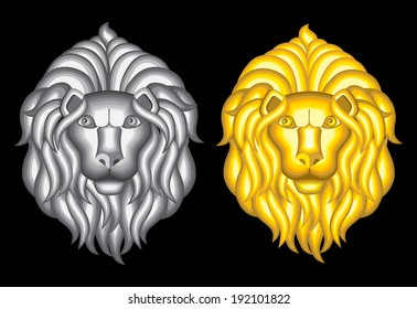Silver and gold lion heads. Vector illustration. 