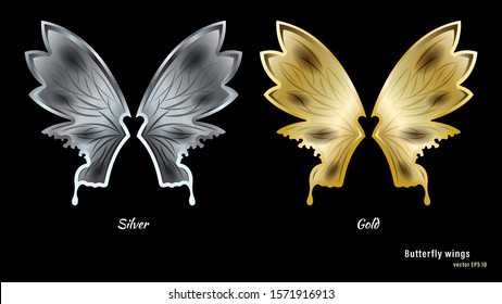 Silver and gold metal butterfly wings with a spotted pattern isolated on black background. 3d realistic detailed vector illustration stock.