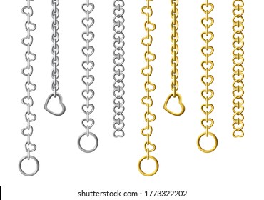 Silver and gold metal chains isolated on white background. Vector set of vertically hanging steel chains with different sizes and shapes of links. Realistic connected stainless rings, upright jewelry.