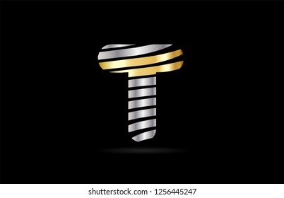 silver gold metal design of alphabet letter t with lines stripe as a logo for a company or business