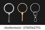 Silver, gold metal keychains set isolated on black background. Vector realistic illustration of steel key accessory with chain and clasp, car or house key holder, round ring and decorative keychain