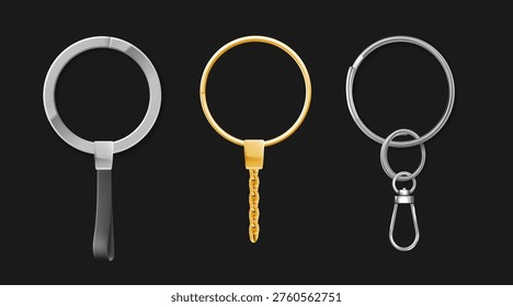Silver, gold metal keychains set isolated on black background. Vector realistic illustration of steel key accessory with chain and clasp, car or house key holder, round ring and decorative keychain