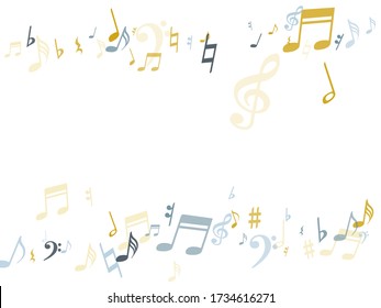 Ilustración de fondo vectorial de notas de oro plateado. Fondo musical con signos de nota y símbolos dispersos. Textura sinfónica del motivo. Los símbolos de notación de melodía dorada y plateada confetti.