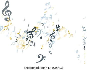 Silver gold music notes vector background illustration. Musical background with note signs and symbols scatter. Symphony motif texture. Gold and silver melody notation symbols confetti.