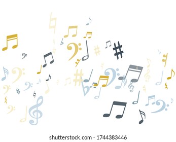 Silver gold music notes vector background illustration. Musical background with note signs and symbols scatter. Symphony motif texture. Gold and silver melody notation symbols confetti.