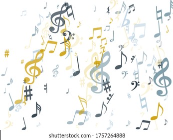 Ilustración de fondo vectorial de notas de oro plateado. Fondo musical con signos de nota y símbolos dispersos. Textura sinfónica del motivo. Los símbolos de notación de melodía dorada y plateada confetti.