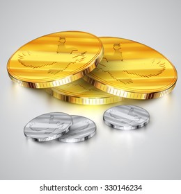 Silver and gold realistic coins, vector