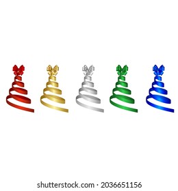 Silver, gold, red, green and blue christmas tree-shaped ribbons with bows