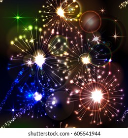 Silver, gold, red, green and blue fireworks as seamless pattern
