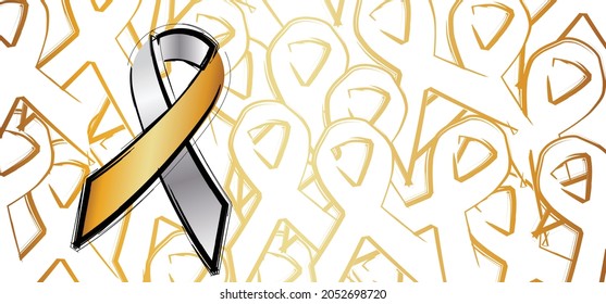 Silver, Gold Ribbon Awareness  For Deafness People, Limited Hearing Pictogram Banner. Deaf, Meniere's Disease, Tinnitus. Problem. Hearing Disorders Or Impairment, Flat Vector Ribbons