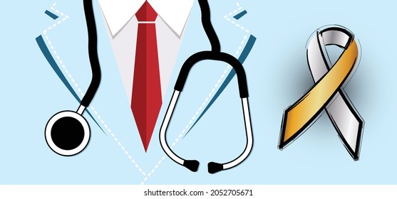 Silver, Gold Ribbon Awareness  For Deafness People, Limited Hearing Pictogram Banner. Deaf, Meniere's Disease, Tinnitus. Problem. Hearing Disorders Or Impairment, Flat Vector Ribbons. Stethoscope