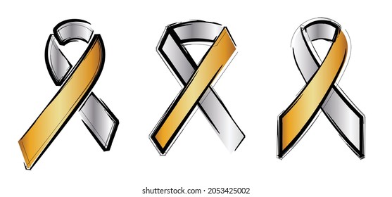 silver, gold ribbon awareness  for deafness people, Limited hearing pictogram banner. Deaf, meniere's disease, tinnitus. problem. Hearing disorders or impairment, Flat vector ribbons