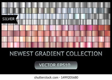 Silver gold rose metal gradient chrome scratched texture vector icon foil background set for banner, ribbon, label. Gray shine design collection. Elegant light effect seamless pattern template
