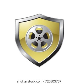 silver & gold shiny shield with film reel inside-vector drawing