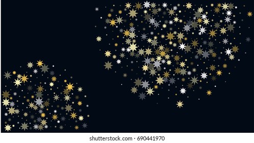 silver and gold star confetti explosion on dark background. magic shining sparkles texture. Vector design round corner element for horizontal card or banner celebration holiday. golden glowing stars