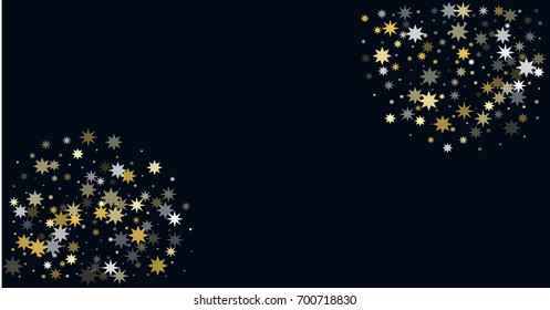 silver and gold star confetti explosion on dark background. magic shining sparkles texture. Vector design round corner element for horizontal card or banner celebration holiday. golden glowing stars