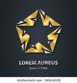 Silver and Gold star logo made of lightnings. Award 3d icon. Metallic logotype template. Volume Vector illustration.