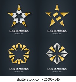 Silver and Gold star logo set. Award 3d icon. Metallic logotype template. Volume Vector illustration.