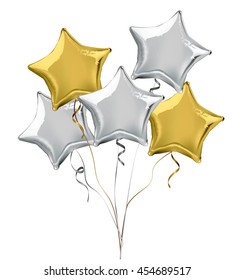 Silver And Gold Star Shaped Foil Helium Balloons. Detailed And Realistic Vector Illustration