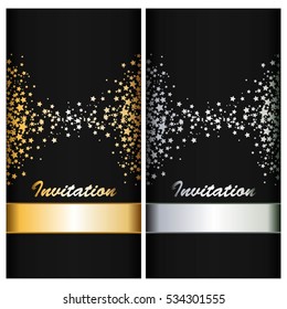 Silver and gold stars and ribbons on a black background. Invitations.