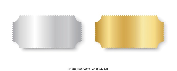 Silver and gold tickets mockups. Shining metallic raffle, win lottery, coupon offer templates. Cards for entrance or seating in luxury style. Vector realistic illustration.