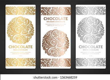 Silver and gold vintage set of chocolate bar packaging design. Vector luxury template with ornament elements. Can be used for background and wallpaper. Great for food and drink package types.